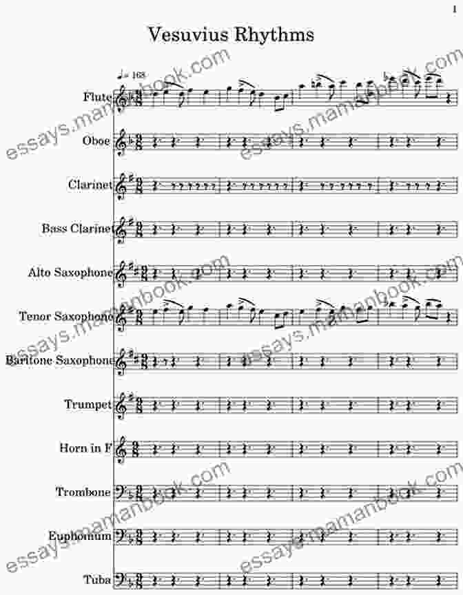 Sheet Music Of 'Score Vesuvian Hits For Flute Quartet' With A Volcanic Eruption In The Background (Score) Vesuvian Hits For Flute Quartet: Neapolitan Medley (Vesuvian Hits Medley For Flute Quartet 6)